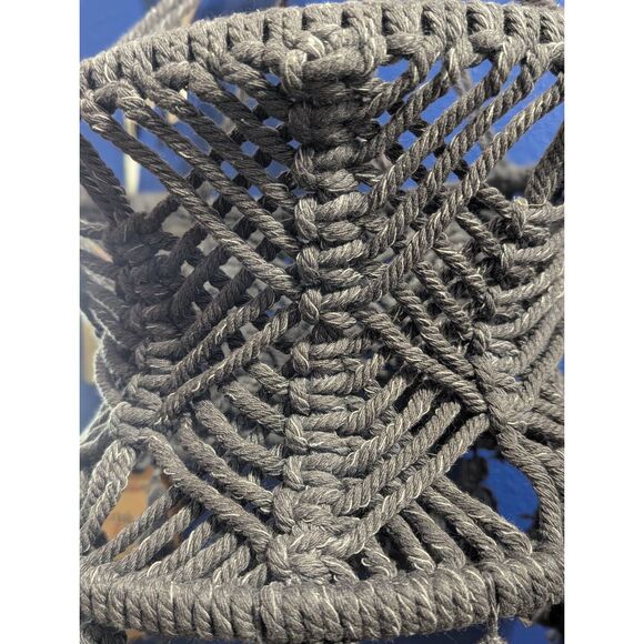 Vintage Boho Macramé Hanging Lamp Shade – Gray Woven Cord, Tassels, 12” – Retro - Picture 8 of 14